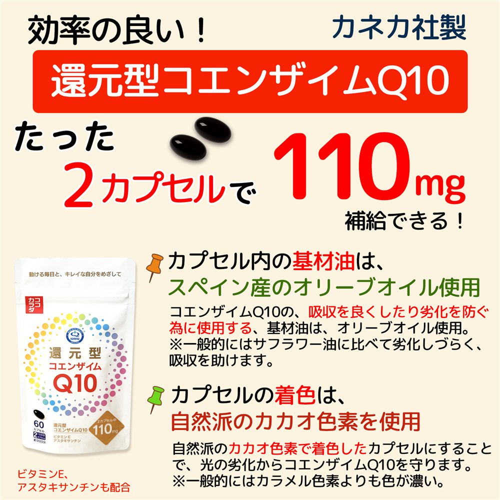 たった2粒で110mgの還元型コエンザイムQ10配合 カネカ社の原料を使用しています