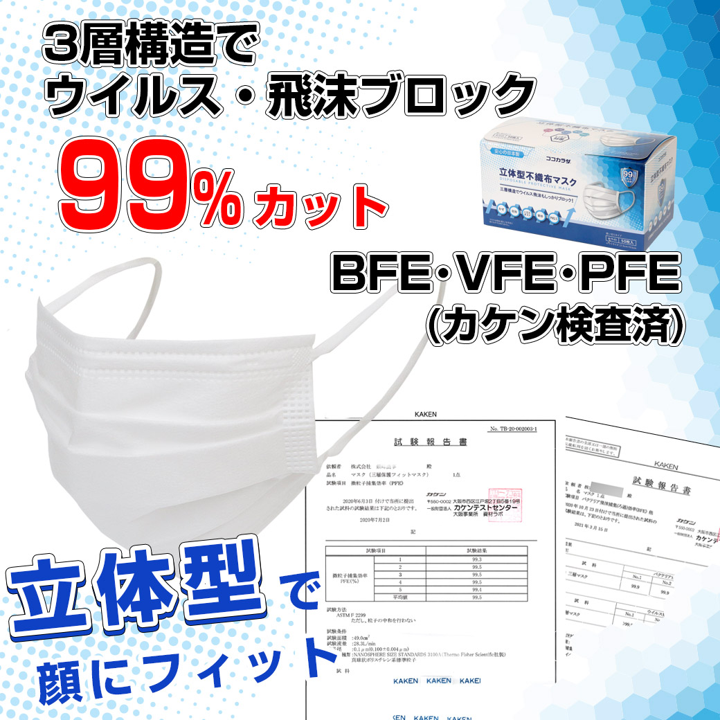ココカラダ 日本製　立体型不織布マスク 50枚入は、BFE PFE VFE 99％高機能不織布マスクです。