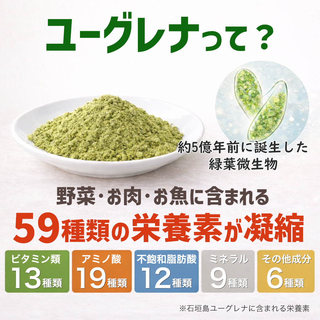 石垣島ユーグレナには、59種類の豊富な栄養素が含まれています